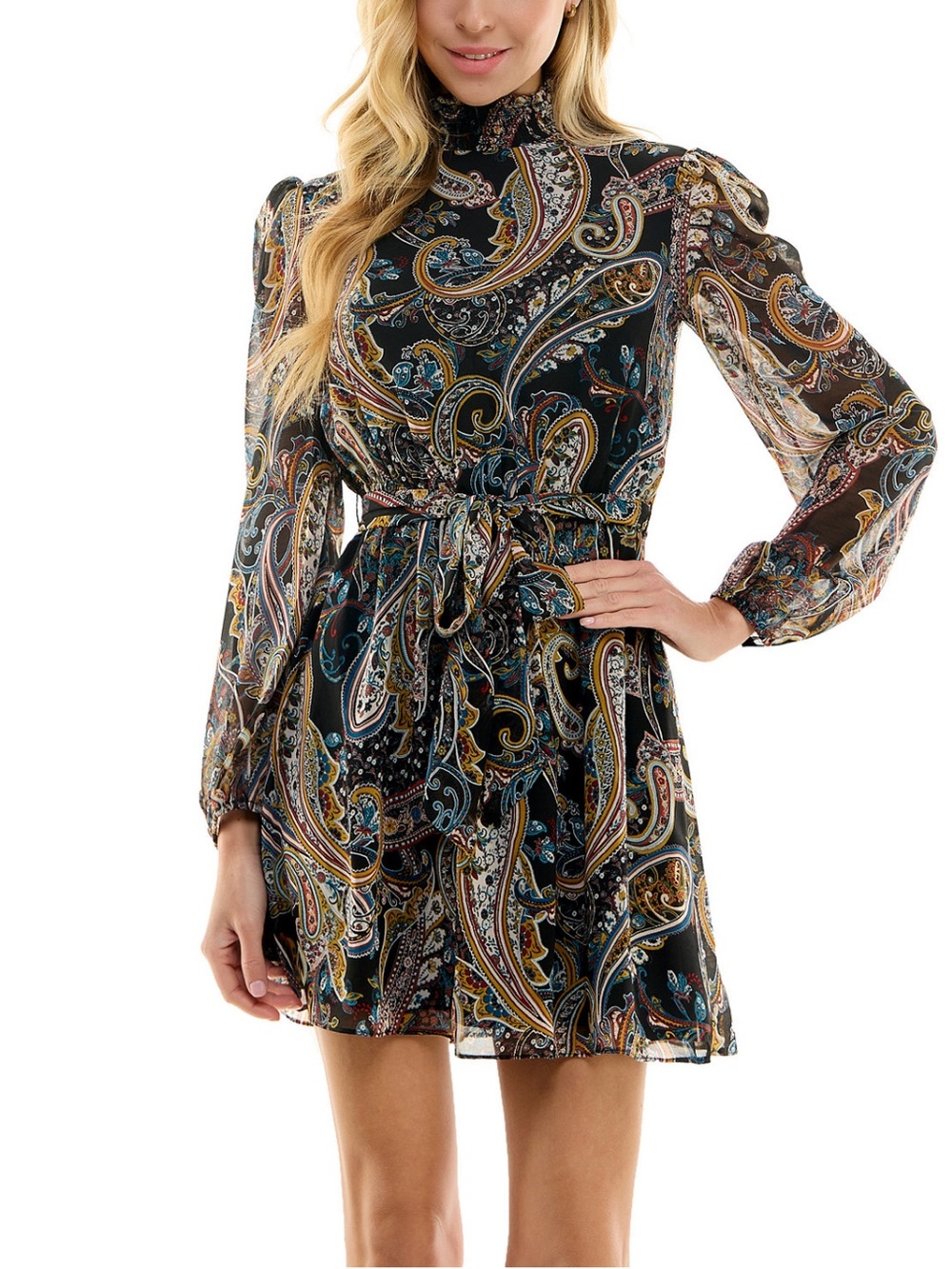 Paisley Tie-Waist Long Sleeve Mini Dress - Black